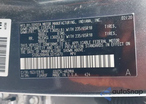 2020 Toyota Highlander Xle from USA, damaged, VIN 5TDGZRBH9LS015870